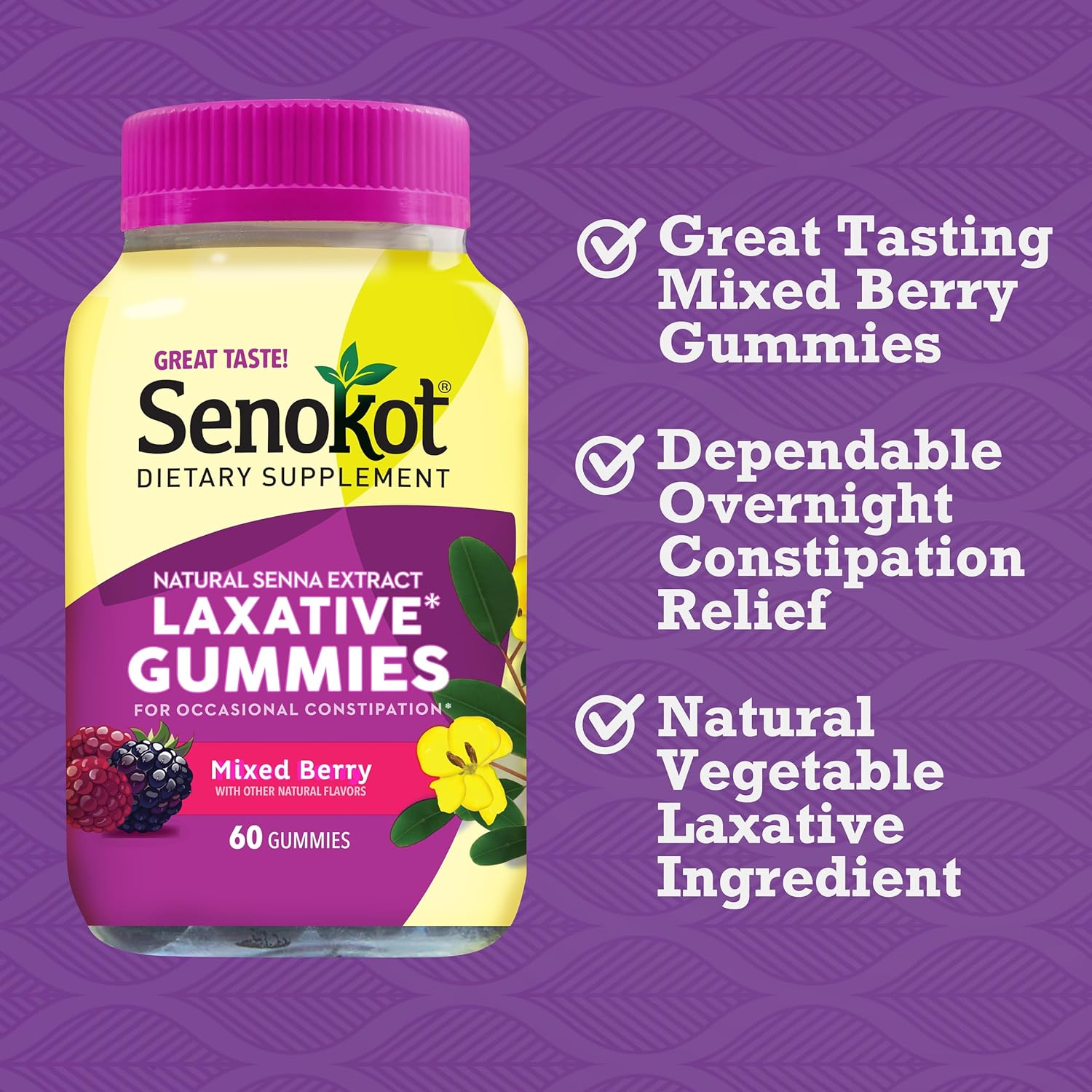 Senokot Dietary Supplement Laxative Gummies, Natural Senna Extract, Gentle, Overnight Relief from Occasional Constipation, Mixed Berry Flavor, 60 Count. : Health & Household