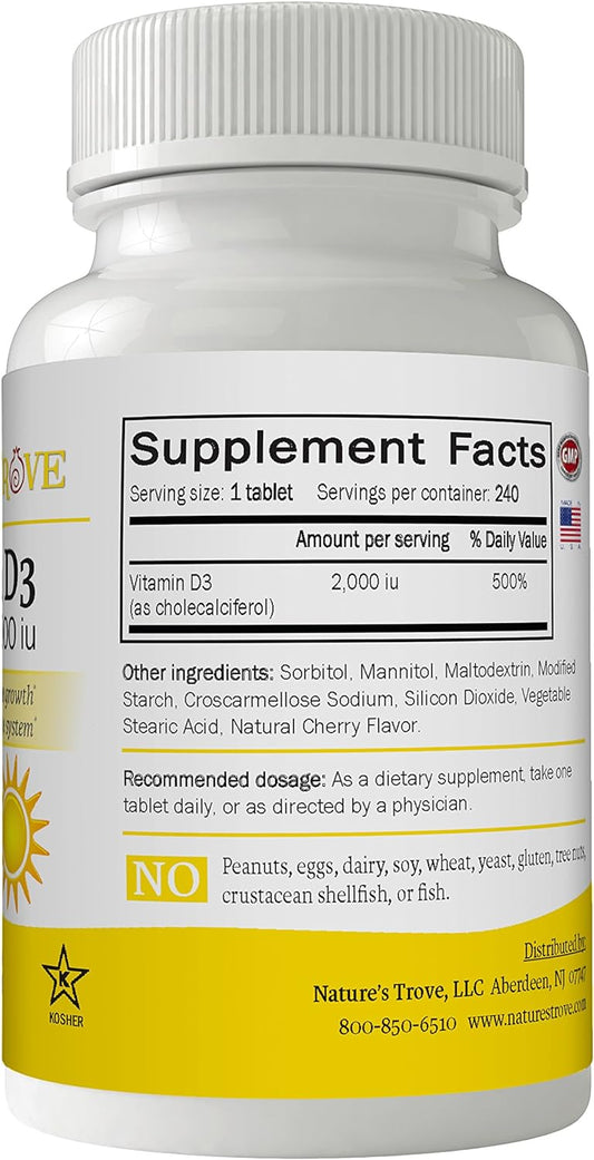 Nature's Trove Vitamin D3 2000IU 240 EZ Chew Tablets Cherry Flavor