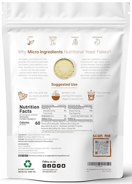 Organic Non-Fortified Nutritional Yeast Flakes, 2 Pounds (32oz) | Rich in Vegan Protein, B Vitamins & Beta-glucans | Keto Friendly, Dairy Free Cheese Substitute, Non-GMO, Gluten Free
