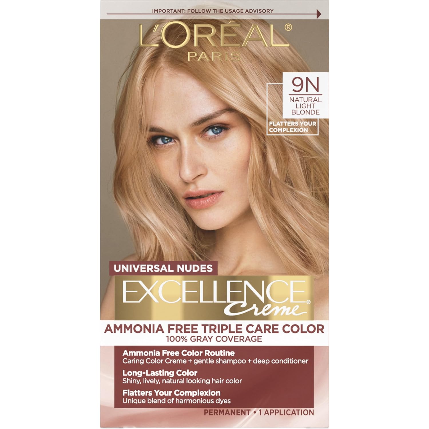 L'Oreal Paris Excellence Universal Nudes Permanent Hair Color, Ammonia Free Hair Dye For Gray Hair Coverage, 9N Natural Light Blonde, 1 Hair Dye Kit