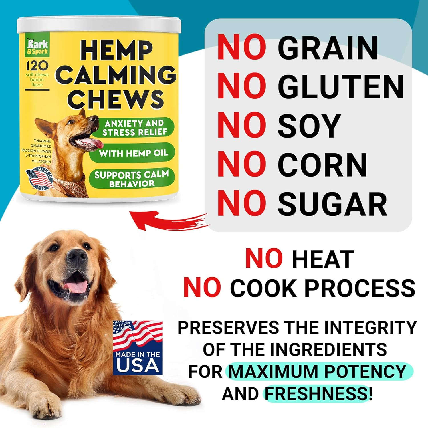 Bark&Spark Calming Hemp Treats for Dogs - Made in USA with Hemp Oil - Anxiety Relief - Separation Aid - Stress Relief During Fireworks, Storms, Thunder - Aggressive Behavior, Barking - 120 Soft Chews : Pet Supplies