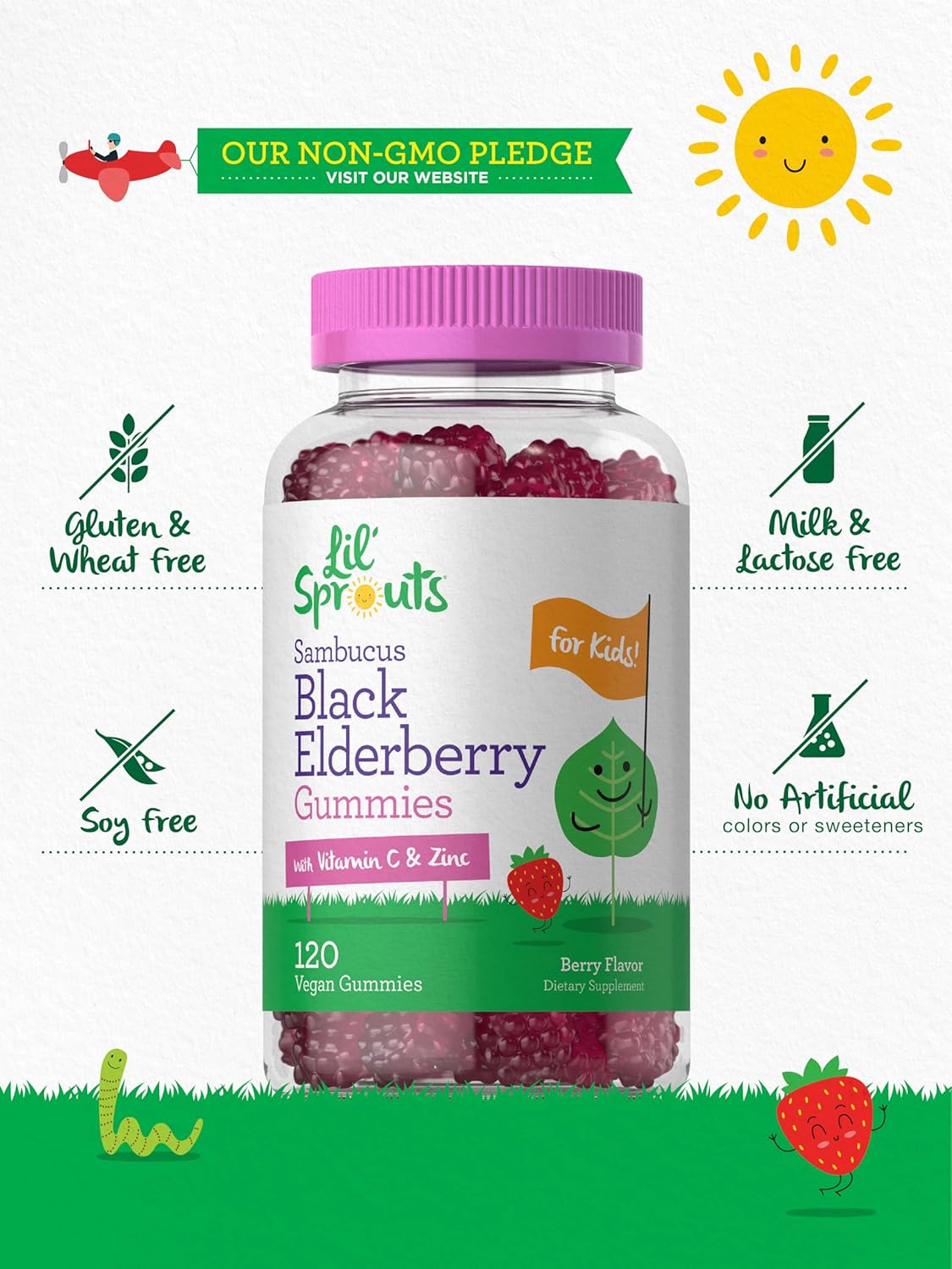 Carlyle Elderberry Gummies for Kids | 120 Count | Zinc and Vitamin C | Berry Flavor | Vegan, Non-GMO, and Gluten Free | by Lil' Sprouts : Health & Household