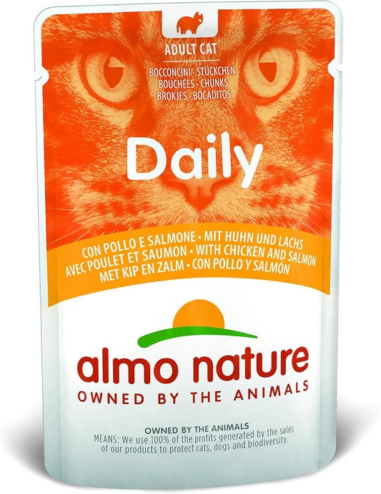 Almo Nature Daily Adult Cat Complete No Gluten Wet Food with Tuna and Salmon - (Pack of 30 x 70g Pouches) & Daily Cat Food with Chicken and Salmon, 70 g, Pack of 30