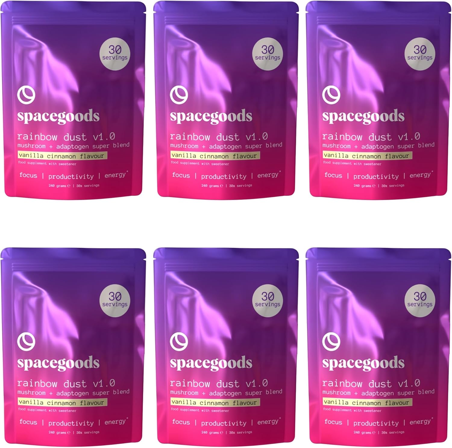 Spacegoods Rainbow Dust 6 Pack 240G | 180 Days Supply | Flavoured Mushroom Coffee | 80Mg Of Natural Caffeine | Lions Mane, Chaga, Ashwagandha & Vitamin B5 | Focus, Energy & Calm | Vanilla & Cinnamon
