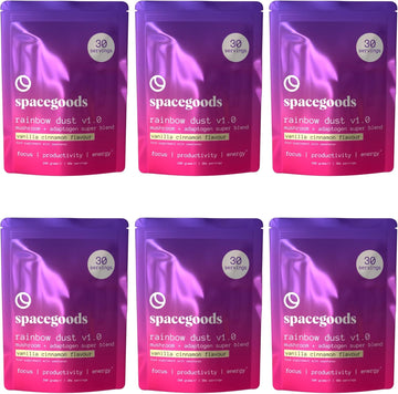 Spacegoods Rainbow Dust 6 Pack 240G | 180 Days Supply | Flavoured Mushroom Coffee | 80Mg Of Natural Caffeine | Lions Mane, Chaga, Ashwagandha & Vitamin B5 | Focus, Energy & Calm | Vanilla & Cinnamon