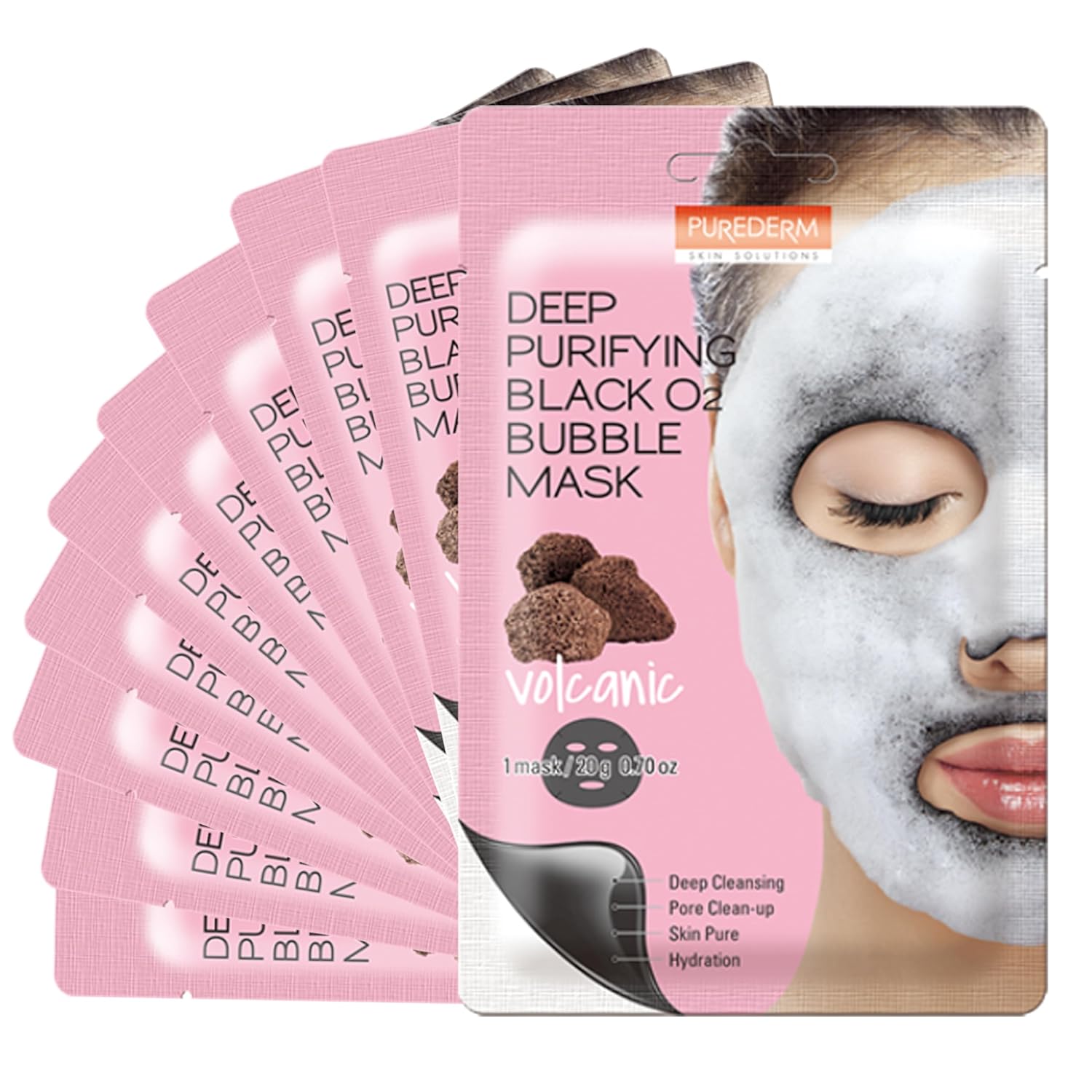 Purederm Deep Purifying Black O2 Bubble Mask Volcanic (10 Pack) - Bubble Face Sheet Mask For Purifying & Brightening