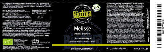 Biotiva Lemon Balm Organic 150 Capsules - Melissa officinalis - 450mg - Without additives - Bottled and Checked in Germany (DE-ECO-005)