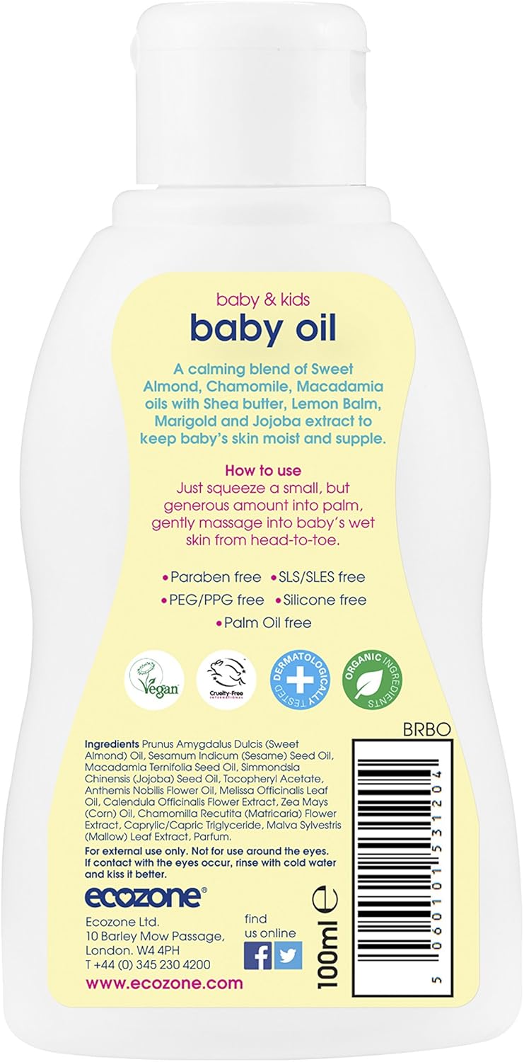 Ecozone Organic Baby Oil 200Ml, Paraben Free, Sls/Sles Free, Peg/Ppg Free, Silicone Free, Organic Ingredients, Palm Oil Free, Dermatologically Tested, Vegan, Cruelty Free