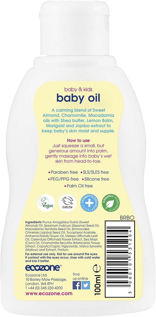 Ecozone Organic Baby Oil 200Ml, Paraben Free, Sls/Sles Free, Peg/Ppg Free, Silicone Free, Organic Ingredients, Palm Oil Free, Dermatologically Tested, Vegan, Cruelty Free