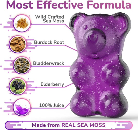 Natural Sea Moss Gummies with Elderberry Contains Irish Sea Moss, Elderberry Extract, Burdock Root, Bladderwrack, 60 pcs Gel Gummies for Thyroid, Immune Support, Energy, Pack of 1