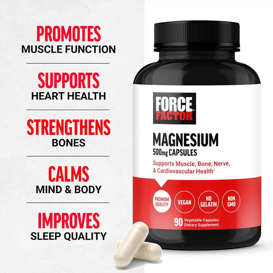 Force Factor Magnesium Supplement to Support Muscles, Bones, Nerves, and Cardiovascular Health, Made with Magnesium Glycinate, Magnesium Citrate, and Magnesium Oxide, Vegan, Non-GMO, 90 Capsules