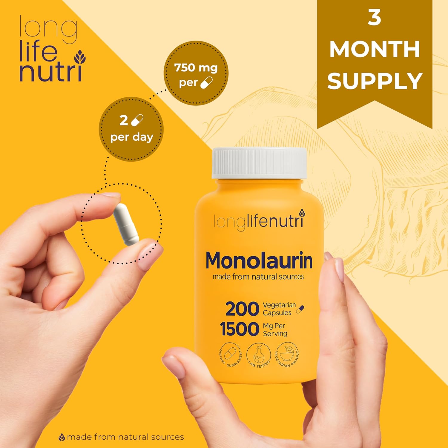 Longlifenutri Monolaurin 1500Mg - Potent Glycerol From Coconut, 200 Vegetarian Capsules, Organic Supplement For Gut Balance & Natural Defense, 100-Day Supply, Gmp Certified, Made In Usa : Health & Household