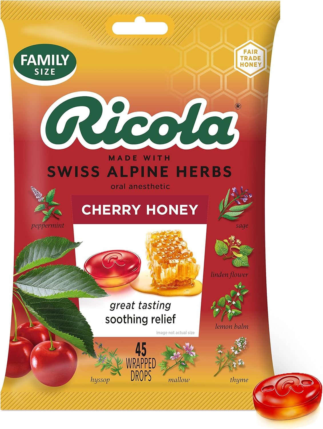 Ricola Cherry Herbal Family Size Bag | Cough Suppressant Throat Drops | Naturally Soothing Long-Lasting Relief - 45 Count (Pack of 1)