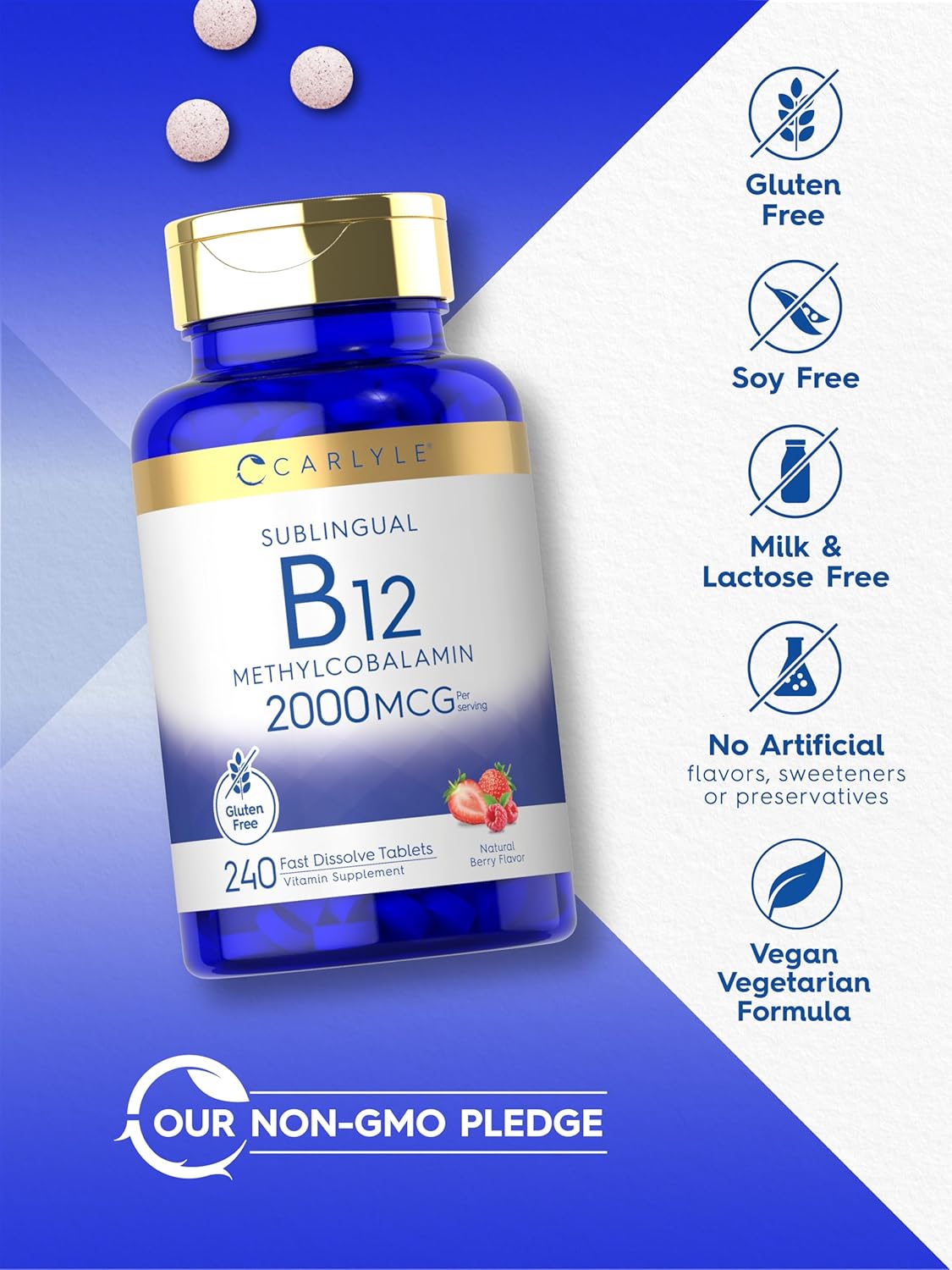 Carlyle Vitamin B-12 | 2000mcg | 240 Fast Dissolve Tablets | Methylcobalamin | Natural Berry Flavor | Vegetarian, Non-GMO & Gluten Free Sublingual Supplement : Health & Household