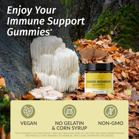 Herbamama Immune Support Mushroom Gummies - Multi Mushroom Complex For Immunity & Energy Support - Vegan, Gelatin-Free, Non-Gmo - 60 Mango-Flavored Immune Defense Chews