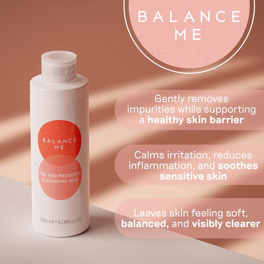 Balance Me Pre And Probiotic Cleansing Milk, Fragrance Free, Soothes And Strengthens, Perfect For Sensitive Skin, Made In Uk – 180Ml