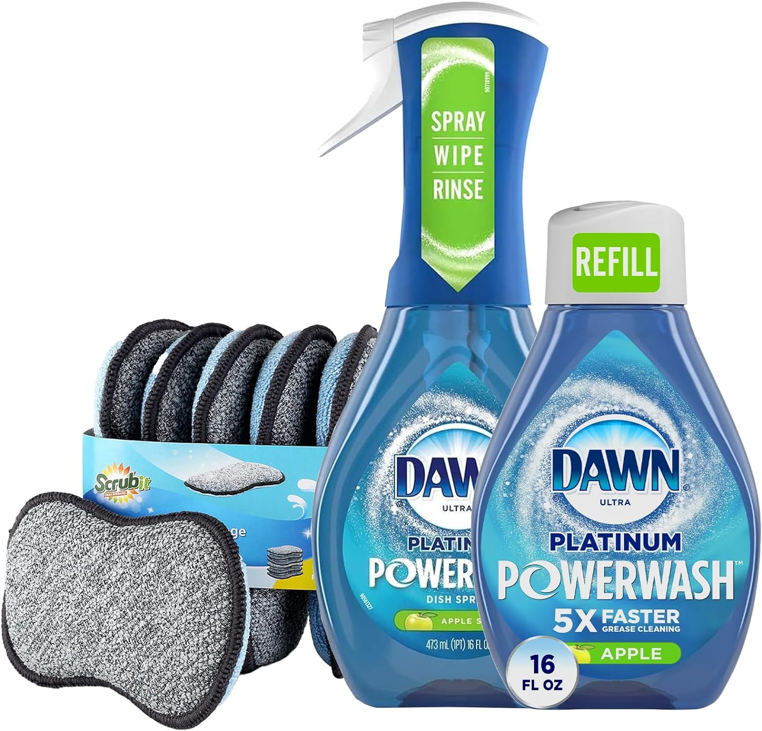 Dawn Powerwash Spray Platinum Dish Soap - Apple Scent + 1 Dawn Powerwash Refill, 16 fl oz each With 6 Multi-Purpose Scrub Sponges for Cleaning Dishes, Pots, and Pans