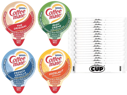 Coffee mate Liquid .375oz Variety Pack (4 Flavor) 100 Count includes Original, French Vanilla, Hazelnut, Irish Creme & By The Cup Sugar Packets