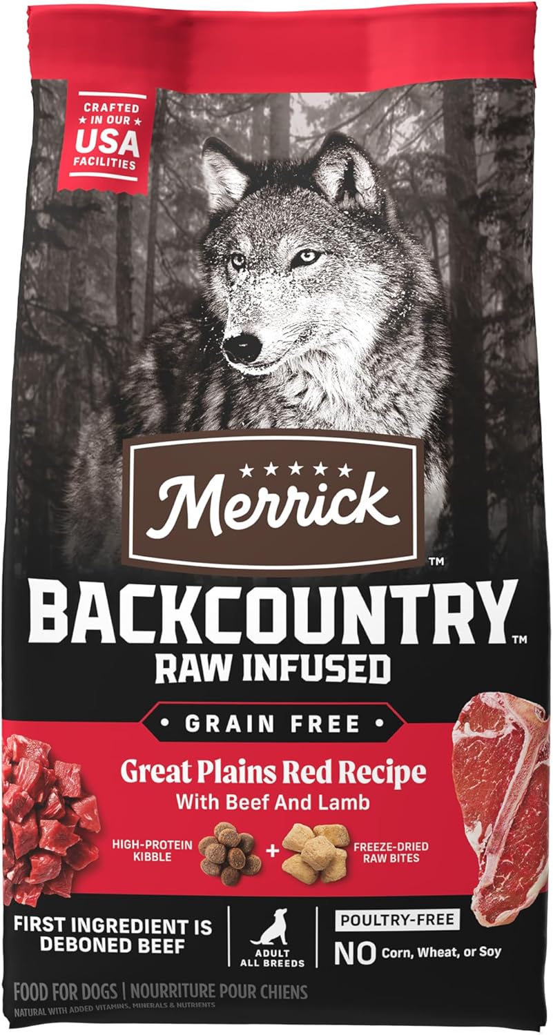 Merrick Backcountry Grain Free Dry Adult Dog Food Kibble With Freeze Dried Raw Pieces, Great Plains Red Recipe - 20.0 Lb. Bag