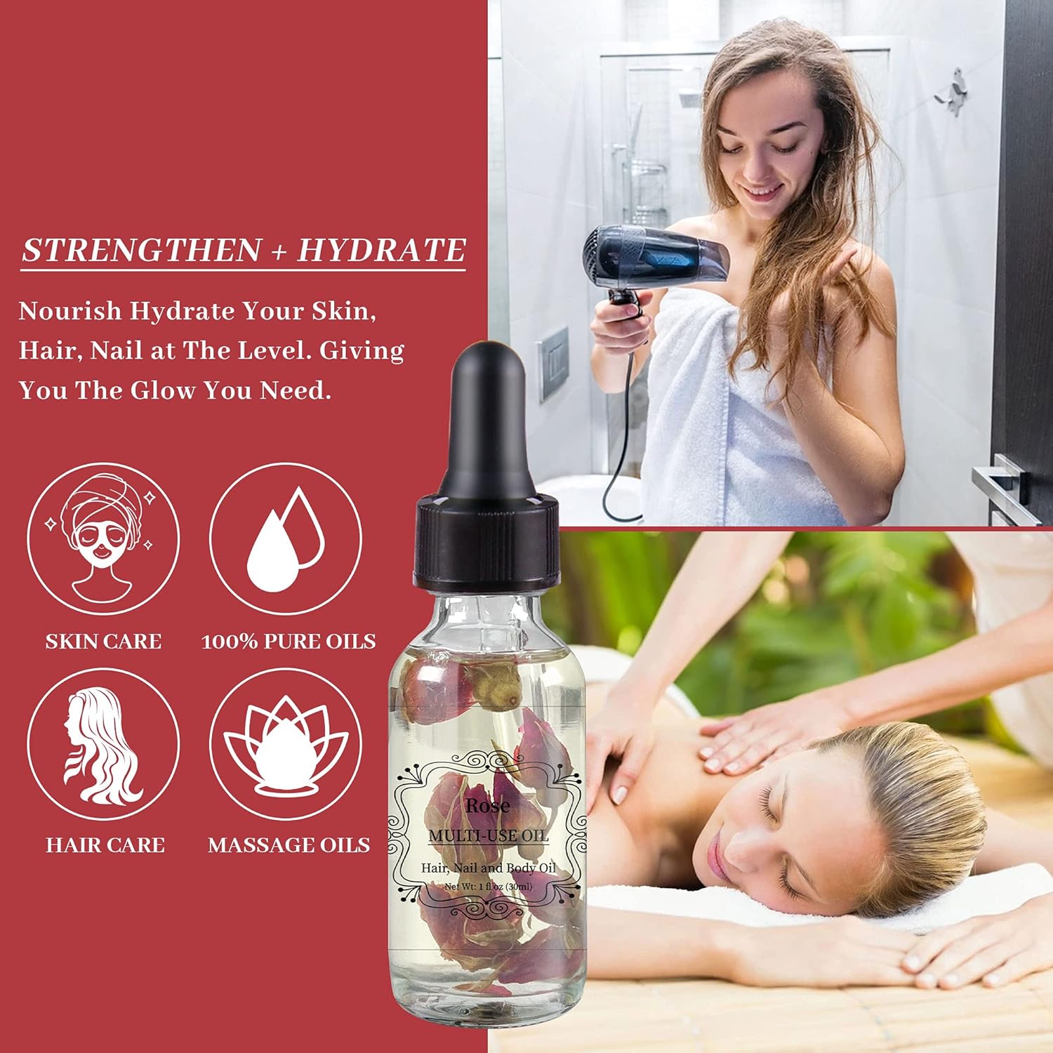 Np Natures Philosophy Rose Multi-Use Oil, Organic Plant Fragrant Essential Oil Rose Oil For Face, Hair, Body, Nails Care And Massage - 1 Fl Oz : Beauty & Personal Care