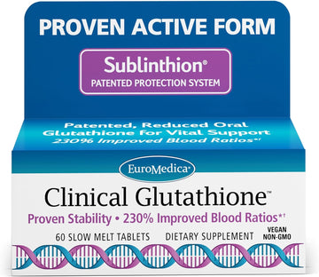 Euromedica Clinical Glutathione - Antioxidant Supplement For High Absorption - Dietary Supplement With L-Glutathione - Vegan Supplement To Support Cell Health - 60 Slow Melt Tablets