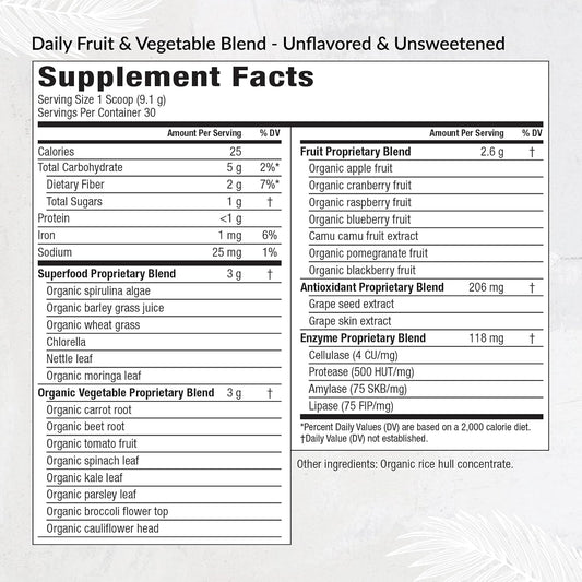Equilife Daily Fruit & Vegetable Blend, Superfood Antioxidant Supplement With 22 Organic Fruits & Vegetables, Unflavored, Vitamin C, Fiber, 9 Essential Amino Acids, Supports Energy, 30 Servings Tub