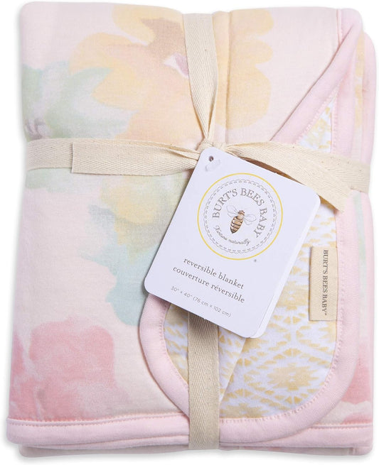 Burts Bees Baby Infant Reversible Blankets 100% Organic Cotton Gots Certified - Morning Glory Prints With Quilting Pattern Soft Nursery Blanket With 100% Polyester Fill For Size 30 X 40 Inch