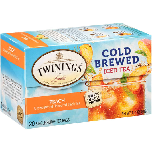 Twinings Peach Cold Brewed Iced Tea Bags, 20 Count (Pack Of 6), Unsweetned Flavoured Black Tea, Caffeinated