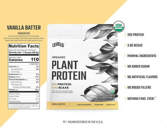 Levels Organic Plant Protein, 20G of Protein, No Artificials, Vanilla Batter, 2LB