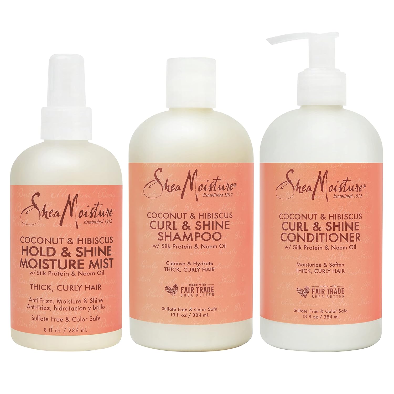 Sheamoisture Moisturize And Define Shampoo, Conditioner, And Curl And Shine Mist For Curly Hair Care Coconut And Hibiscus With Shea Butter And Coconut Oil