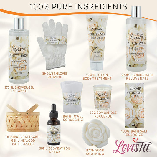Lovestee White Rose Spa Gift Basket For Women & Men, Luxury Spa Essentials, Body Lotion, Shower Gel, Bubble Bath, Bath Salt, Towel, Soap, Oil, Candle, Gloves