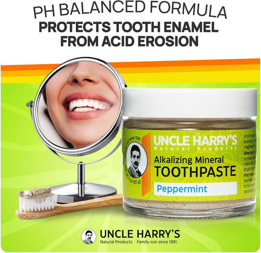 Uncle Harry's Peppermint Remineralizing Toothpaste | Natural Whitening Toothpaste Freshens Breath & Promotes Enamel | Vegan Fluoride Free Toothpaste (4 Pack)