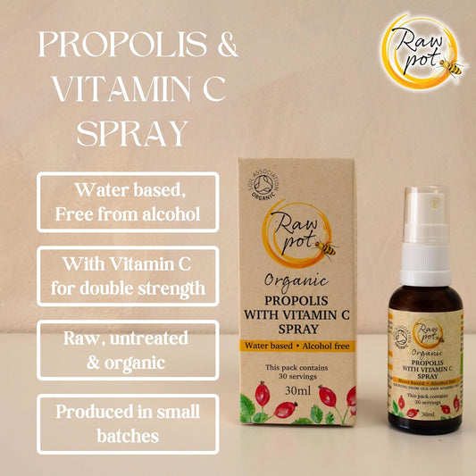 Raw Pot - Organic Propolis Spray With Vitamin C From Rosehip - Alcohol-Free Pure Natural Raw Bee Propolis Liquid Extract For Sore Throat, Skin Care, Immunity Support Supplement | Kids & Adults (30Ml)