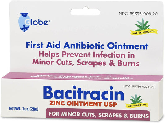 Globe Bacitracin Zinc Ointment 1 Oz | Antibiotic Ointment | Essential Antibiotic First Aid Supplies | Healing Action | Maximum Antibiotic Power | Prevents Infection In Cuts, Scrapes, Burns | 10 Pack |