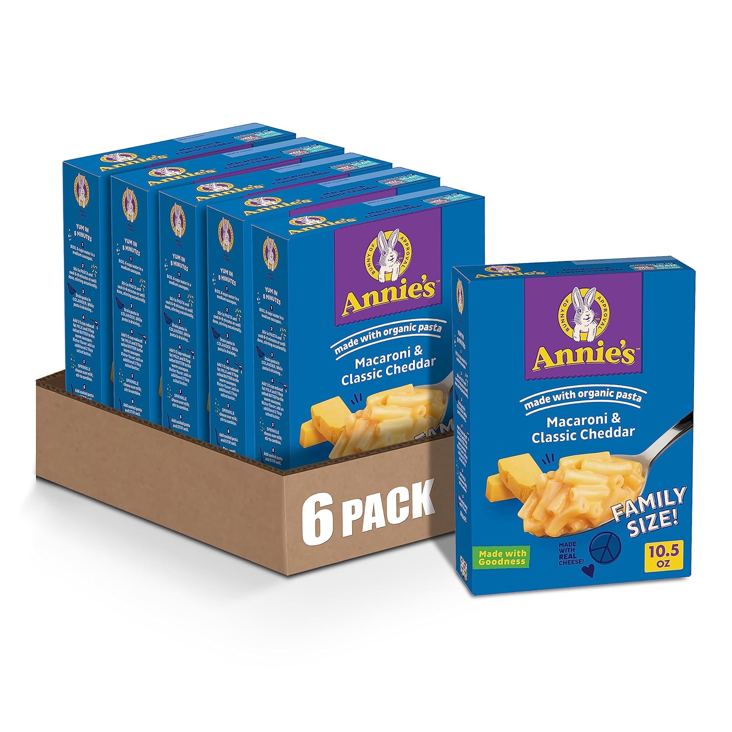 Annie'S Macaroni And Cheese Dinner, Classic Mild Cheddar, Family Size, 10.5 Oz. (Pack Of 6)