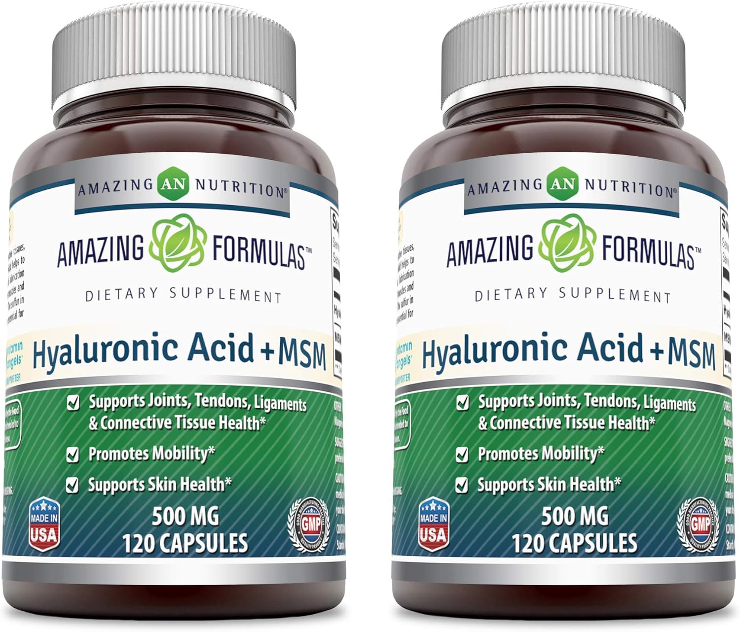 Amazing Formulas Hyaluronic Acid & MSM Dietary Supplement-500 Milligrams-120 Capsules (Non-GMO, Gluten Free)-Provides Joint, Tendon & Ligament Support - Promotes exibility (Pack of 2)