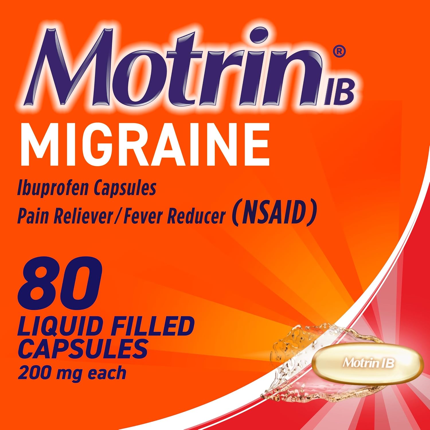 Motrin Ib Migraine Relief Liquid Gel Capsules With 200 Mg Ibuprofen Per Capsule, Fast & Effective Migraine Headache Relief Medicine With Nsaid Pain Reliever Ibuprofen, Caffeine-Free, 20 Ct
