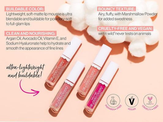 Wet N Wild Lip Cream Cloud Pout W/Marshmallow, Pink Girl, You'Re Whipped | Argan Oil | Vitamin E | Marshmallow Flavored