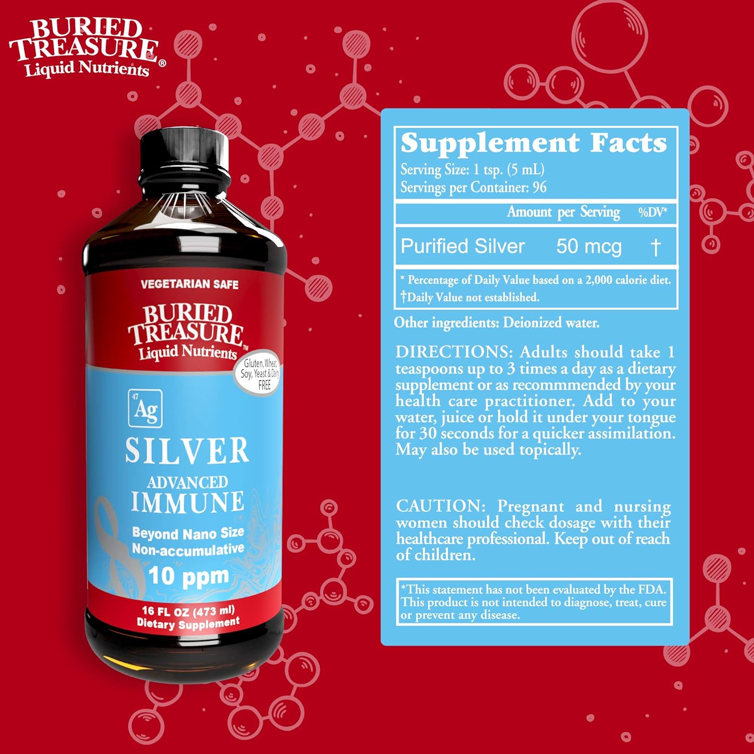 Buried Treasure Silver Advanced Immune 10 PPM Silver for Adults and Kids, 16oz 96 Servings Nano Particle Non Accumulative Immune Support Booster : Health & Household