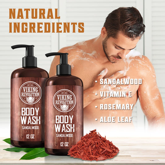 Viking Revolution Men'S Body Wash - Sandalwood, Skin Cleaning Agent - Mens Natural Body Wash With Vitamin E And Rosemary Oil - Shower Gel Liquid Soap, 12 Fl Oz (Pack Of 2)