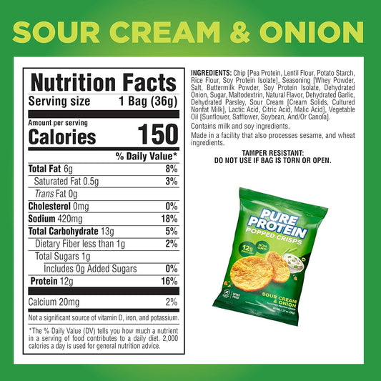 Pure Protein Popped Crisps, Sour Cream & Onion, Gluten Free, Non-Gmo, High Protein Snack, 12G Protein, 12 Count