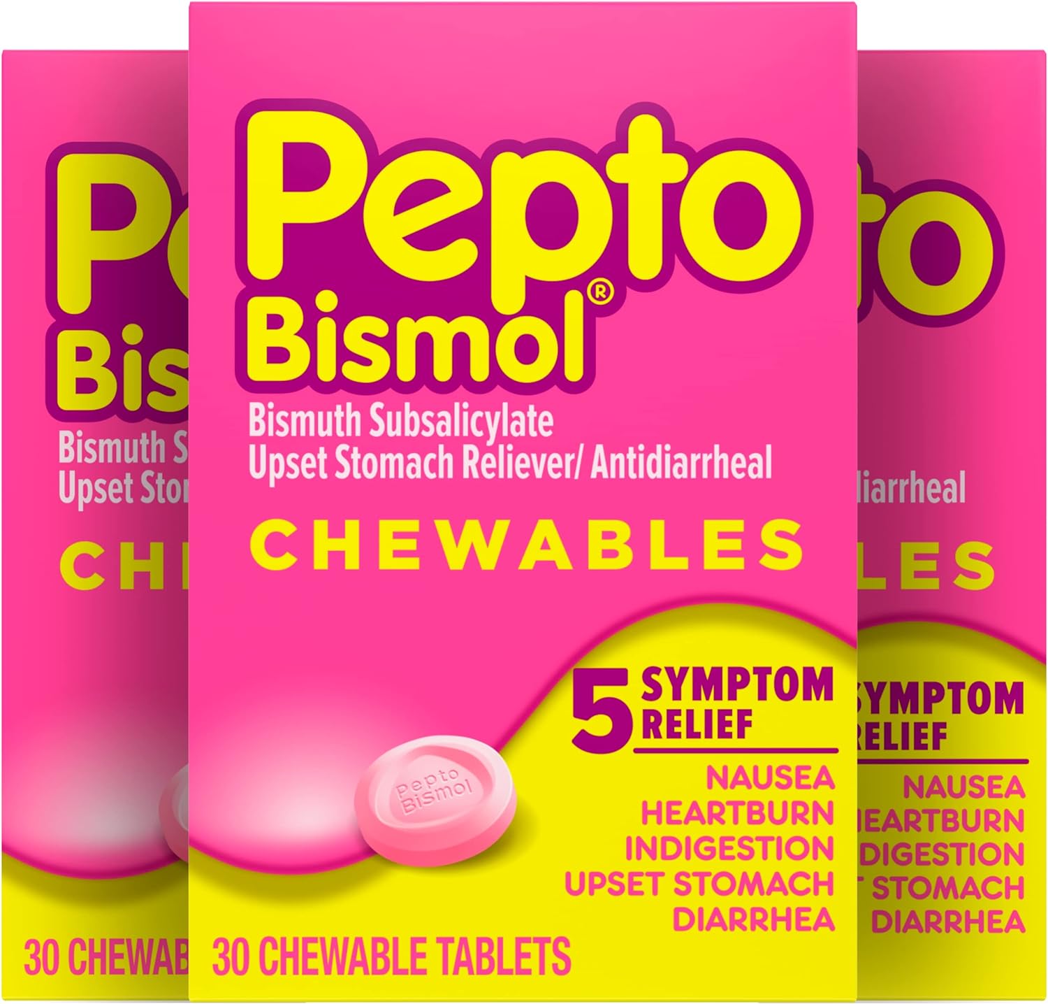 Pepto Bismol Chewable Tablets for Nausea, Heartburn, Indigestion, Upset Stomach, and Diarrhea Relief, Original Flavor 3x30 ct ? 90 total