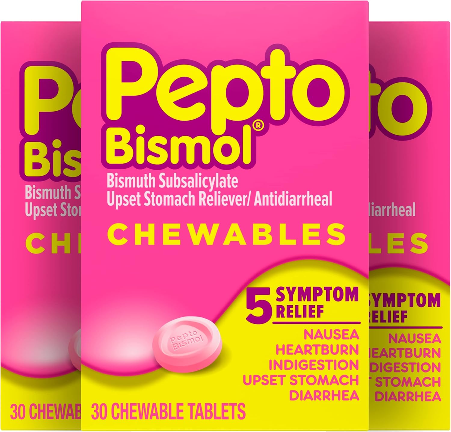 Pepto Bismol Chewable Tablets For Nausea, Heartburn, Indigestion, Upset Stomach, And Diarrhea Relief, Original Flavor, 90 Total (3 Packs Of 30)