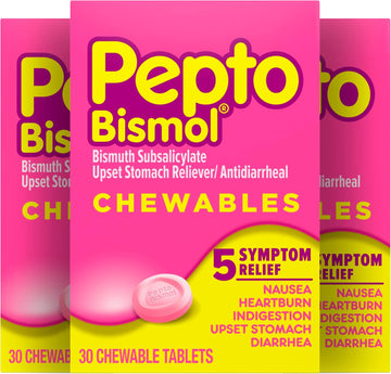 Pepto Bismol Chewable Tablets For Nausea, Heartburn, Indigestion, Upset Stomach, And Diarrhea Relief, Original Flavor, 90 Total (3 Packs Of 30)