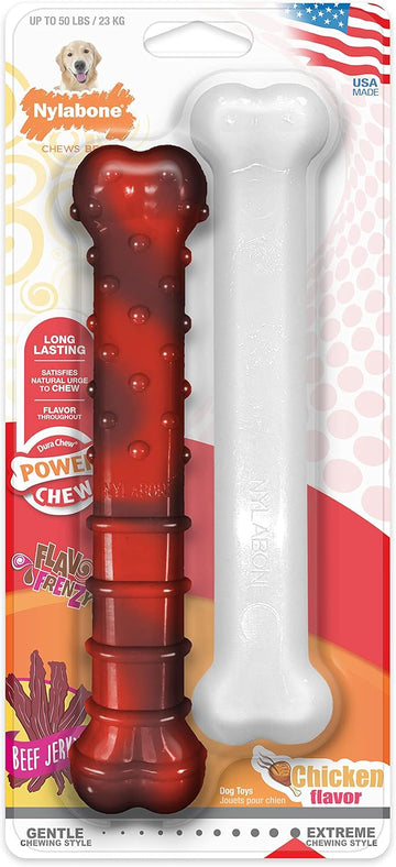 Nylabone Power Chew Classic Bone Chew Toy For Dogs, Durable Dog Toys For Aggressive Chewers, Flavor Frenzy Beef Jerky & Chicken, Large/Giant - Up To 50 Lbs. (2 Count)
