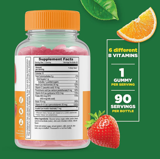 Lifeable Vitamin B Complex + Vitamin C Gummies - Great Tasting, Vegan, Energy Boost, Immune Support, Nerve Health - 6 B Vitamins + Vitamin C - Adult - 90 Gummies