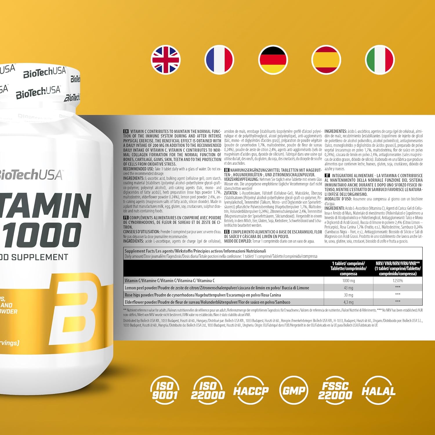 BioTechUSA Vitamin C 1000 + BioFlavonoids | Multiple Sources | Immune Support | Rosehip, Elderflower & Lemon, 30 Tablets : Amazon.co.uk: Health & Personal Care
