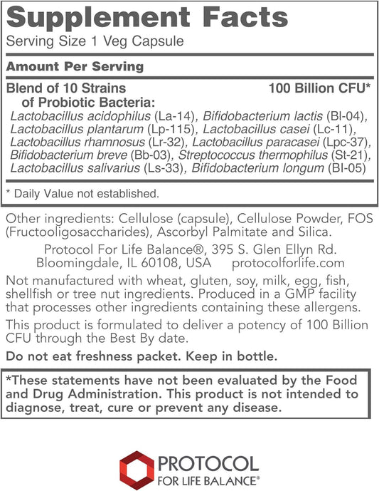 Protocol Proto Dophilus 100 Billion 10 Strains - Supports Digestive Gut Health, Immune System & Detox* - Dairy, Wheat, Soy & Gluten Free - Vegan & Nut Free - 30 Veg Capsules