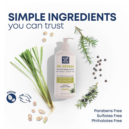 Kiss My Face De-Stress Hand & Body Lotion - Lemongrass + Juniper Berry - Soothing Rhodiola Rosea - With Hemp Seed Oil & Ashwagandha - Vegan & Cruelty-Free - 16 Fl Oz Bottle
