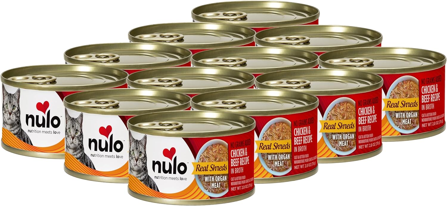 Nulo Grain-Free Real Shreds With Organ Meat Wet Canned Cat & Kitten Food, Chicken And Beef In Broth, 2.8 Ounce, 12 Cans